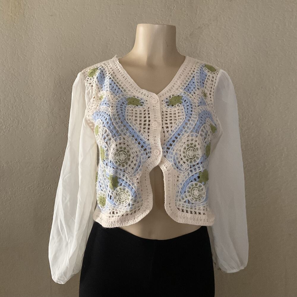 Mexican Crochet Floral Cardigan Women Size S Green Balloon Sleeve Boho NWOT